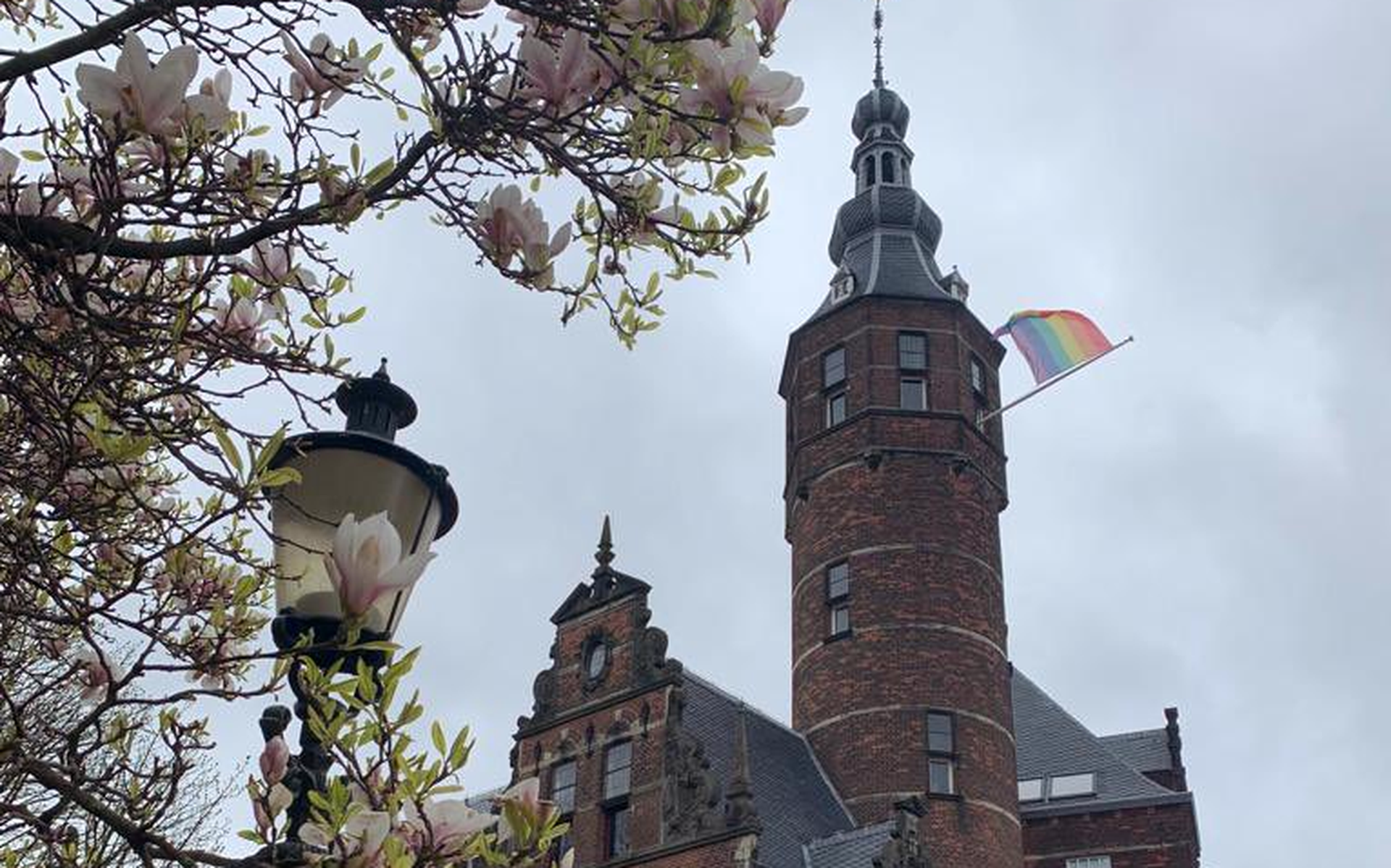 De regenboogvlag aan het provinciehuis. Foto van provincie Grunn